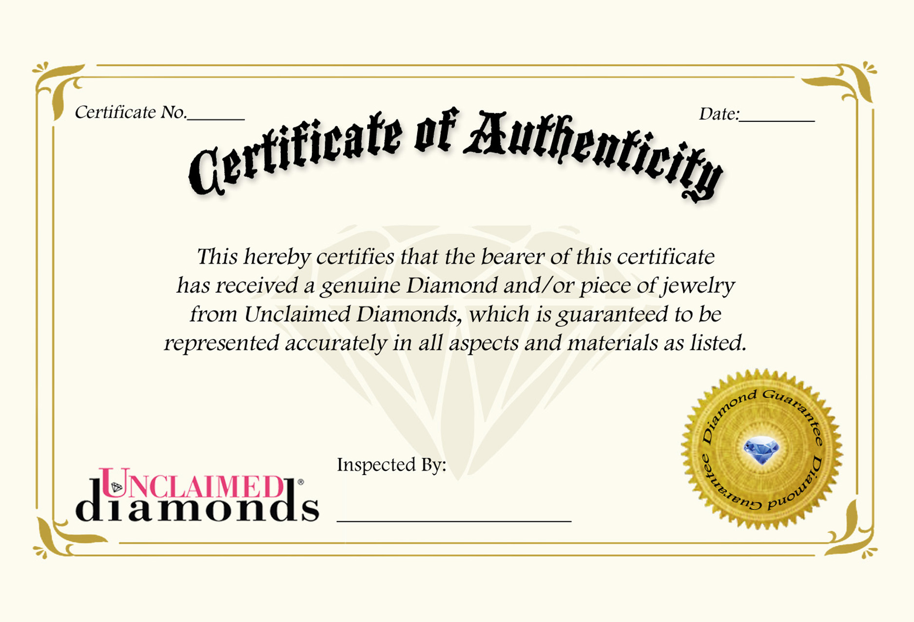 Unclaimed Diamonds Certificate of Authenticity Unclaimed Diamonds